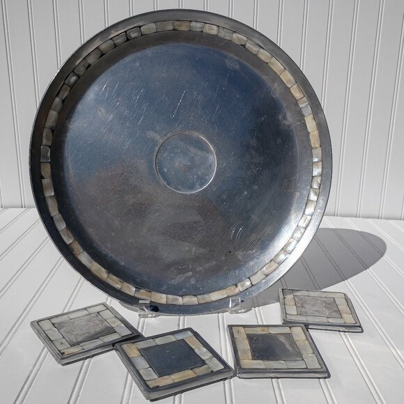 Towle Silversmiths Large Silver Platter Serving Tray with Mother of Pearl Inlay - Picture 1 of 8
